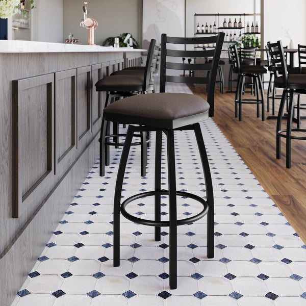 Mocha Vinyl Seat/Black Metal Frame |#| Commercial Black Ladder Back Swivel Metal Barstool with Mocha Vinyl Seat
