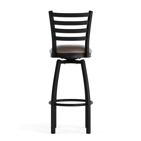 Mocha Vinyl Seat/Black Metal Frame |#| Commercial Black Ladder Back Swivel Metal Barstool with Mocha Vinyl Seat