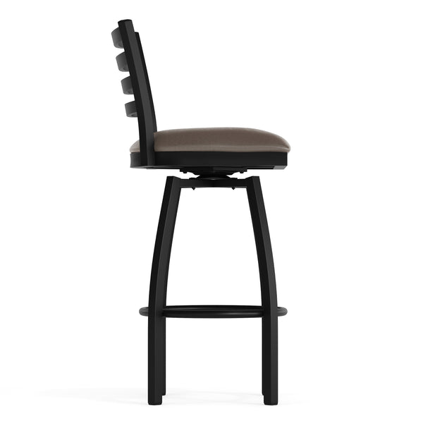 Mocha Vinyl Seat/Black Metal Frame |#| Commercial Black Ladder Back Swivel Metal Barstool with Mocha Vinyl Seat