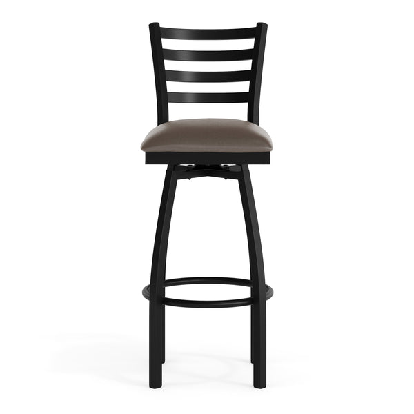 Mocha Vinyl Seat/Black Metal Frame |#| Commercial Black Ladder Back Swivel Metal Barstool with Mocha Vinyl Seat