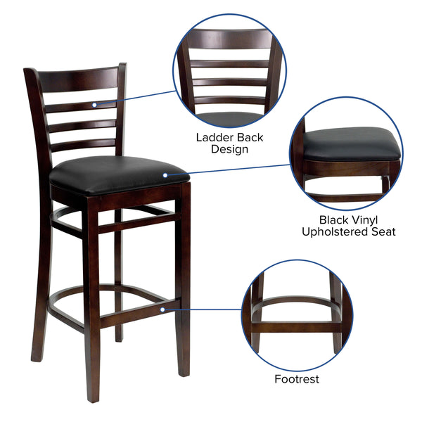 Black Vinyl Seat/Walnut Wood Frame |#| Ladder Back Walnut Wood Restaurant Barstool - Black Vinyl Seat