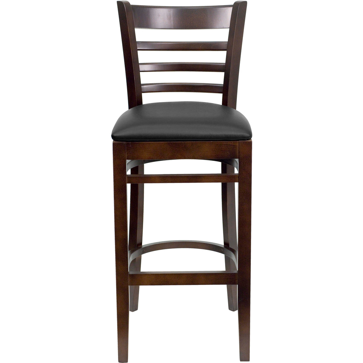 Black Vinyl Seat/Walnut Wood Frame |#| Ladder Back Walnut Wood Restaurant Barstool - Black Vinyl Seat