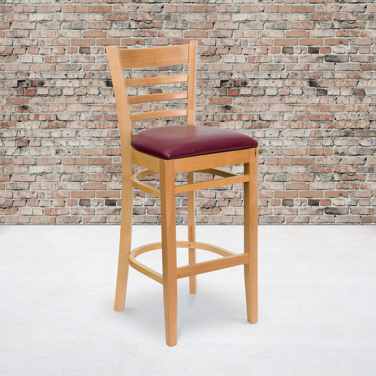 Burgundy Vinyl Seat/Natural Wood Frame |#| Ladder Back Natural Wood Restaurant Barstool - Burgundy Vinyl Seat