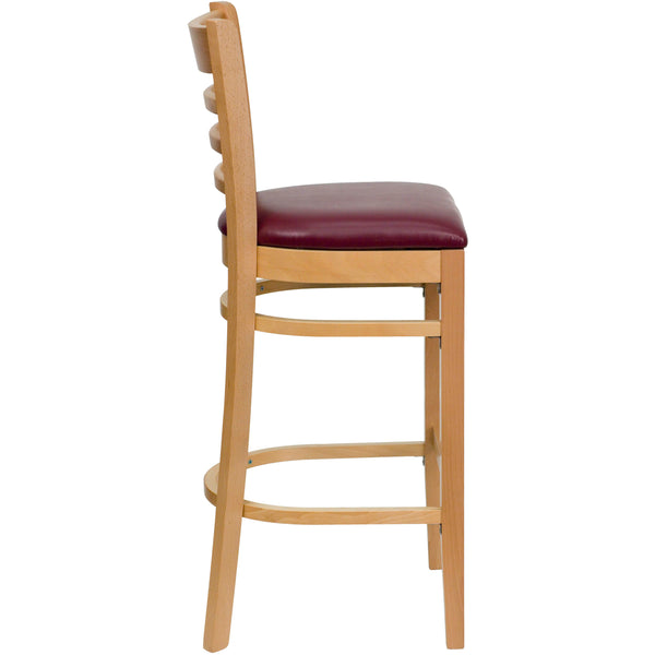 Burgundy Vinyl Seat/Natural Wood Frame |#| Ladder Back Natural Wood Restaurant Barstool - Burgundy Vinyl Seat