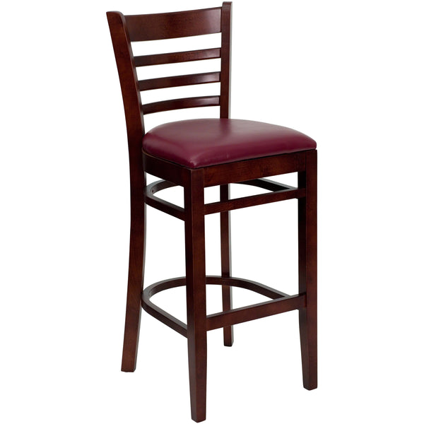 Burgundy Vinyl Seat/Mahogany Wood Frame |#| Ladder Back Mahogany Wood Restaurant Barstool - Burgundy Vinyl Seat