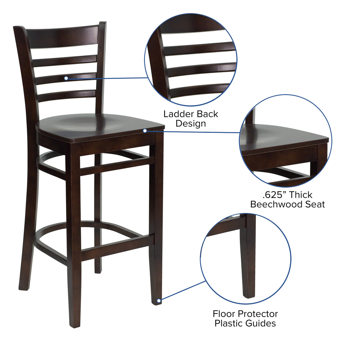 Walnut Wood Seat/Walnut Wood Frame |#| Ladder Back Walnut Wood Restaurant Barstool