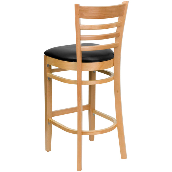 Black Vinyl Seat/Natural Wood Frame |#| Ladder Back Natural Wood Restaurant Barstool - Black Vinyl Seat