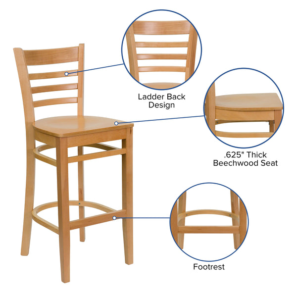 Natural Wood Seat/Natural Wood Frame |#| Ladder Back Natural Wood Restaurant Barstool