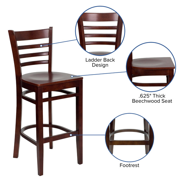 Mahogany Wood Seat/Mahogany Wood Frame |#| Ladder Back Mahogany Wood Restaurant Barstool