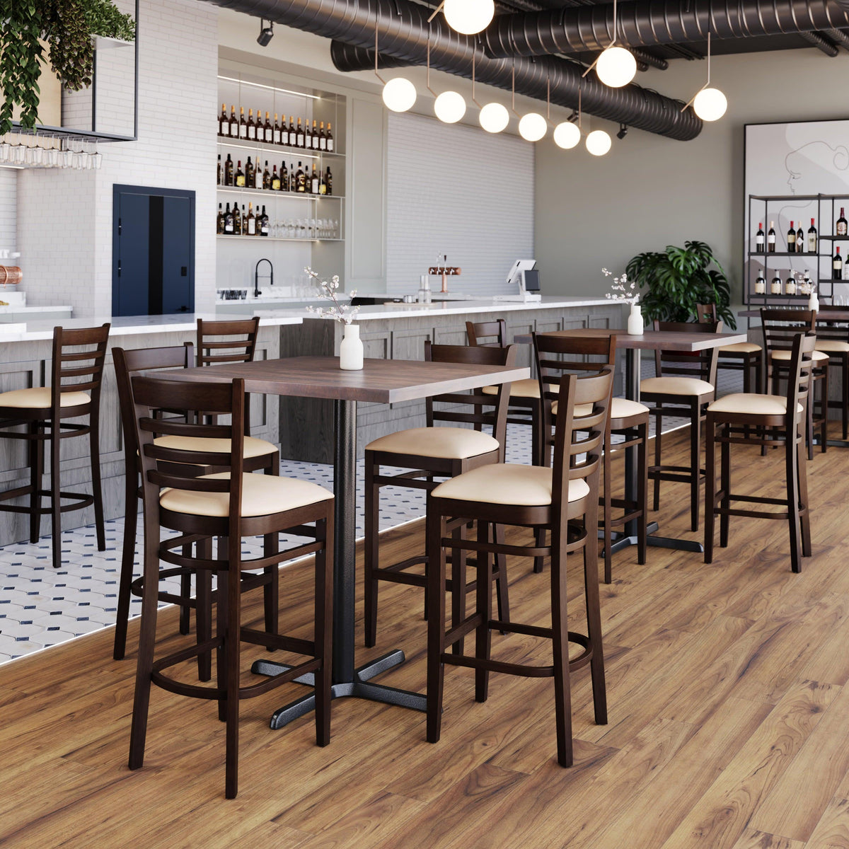 Tan Vinyl Seat/Walnut Wood Frame |#| Commercial Ladder Back Walnut Wood Restaurant Barstool - Tan Vinyl Seat