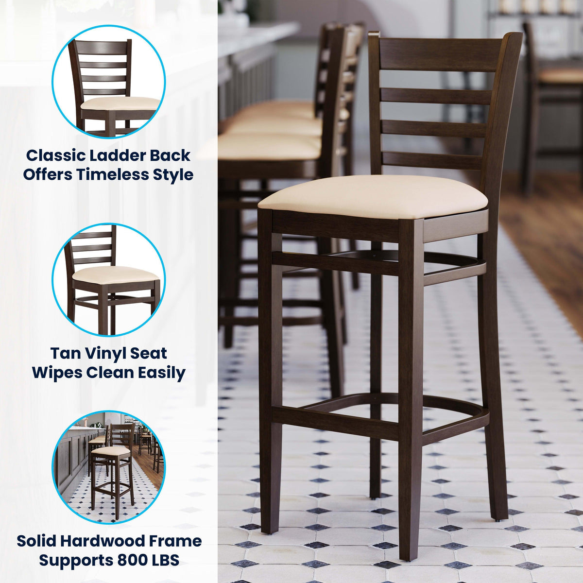 Tan Vinyl Seat/Walnut Wood Frame |#| Commercial Ladder Back Walnut Wood Restaurant Barstool - Tan Vinyl Seat