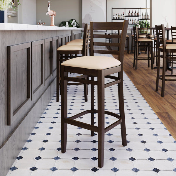 Tan Vinyl Seat/Walnut Wood Frame |#| Commercial Ladder Back Walnut Wood Restaurant Barstool - Tan Vinyl Seat