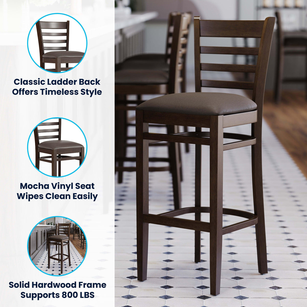 Mocha Vinyl Seat/Walnut Wood Frame |#| Commercial Ladder Back Walnut Wood Restaurant Barstool - Mocha Vinyl Seat