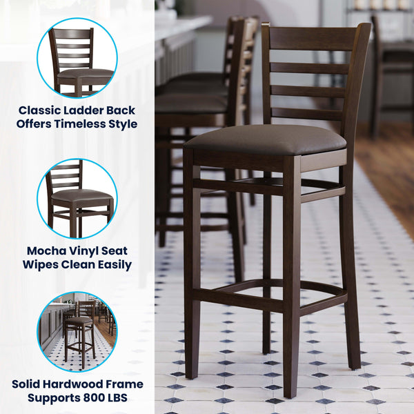 Mocha Vinyl Seat/Walnut Wood Frame |#| Commercial Ladder Back Walnut Wood Restaurant Barstool - Mocha Vinyl Seat