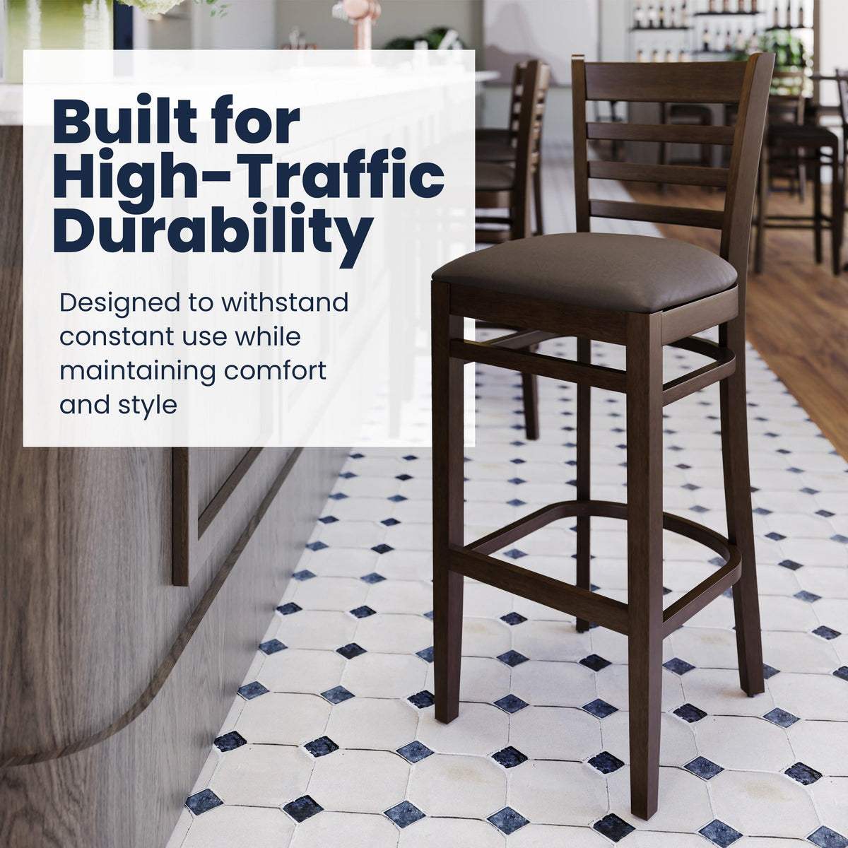 Mocha Vinyl Seat/Walnut Wood Frame |#| Commercial Ladder Back Walnut Wood Restaurant Barstool - Mocha Vinyl Seat