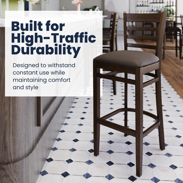 Mocha Vinyl Seat/Walnut Wood Frame |#| Commercial Ladder Back Walnut Wood Restaurant Barstool - Mocha Vinyl Seat