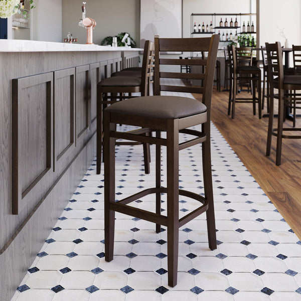 Mocha Vinyl Seat/Walnut Wood Frame |#| Commercial Ladder Back Walnut Wood Restaurant Barstool - Mocha Vinyl Seat