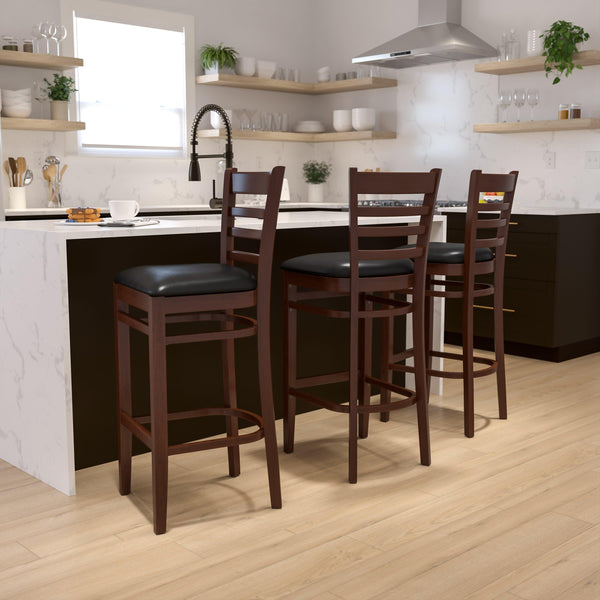 Black Vinyl Seat/Mahogany Wood Frame |#| Ladder Back Mahogany Wood Restaurant Barstool - Black Vinyl Seat