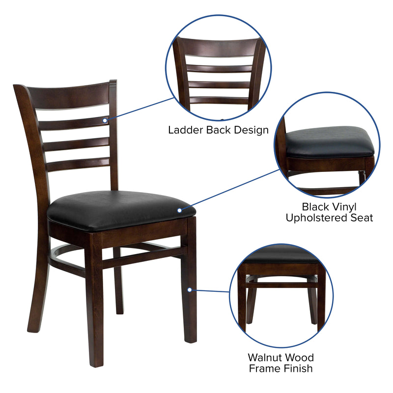Black Vinyl Seat/Walnut Wood Frame |#| Ladder Back Walnut Wood Restaurant Chair - Black Vinyl Seat