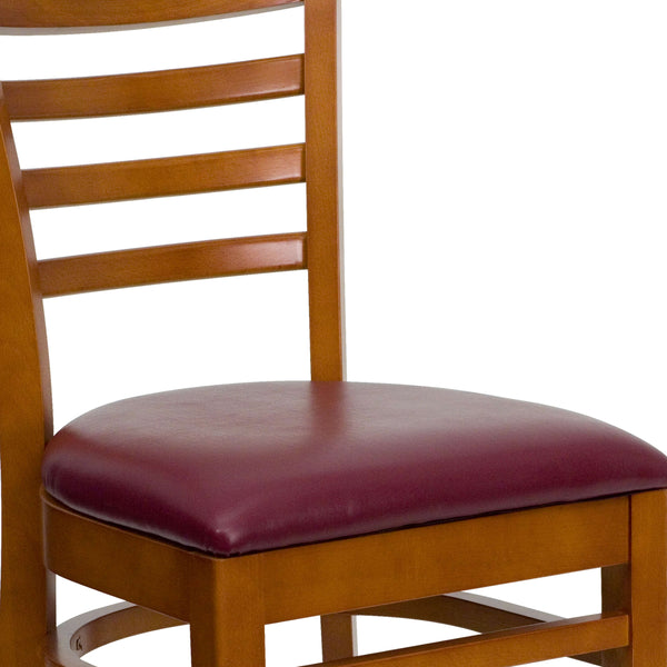 Burgundy Vinyl Seat/Cherry Wood Frame |#| Ladder Back Cherry Wood Restaurant Chair - Burgundy Vinyl Seat