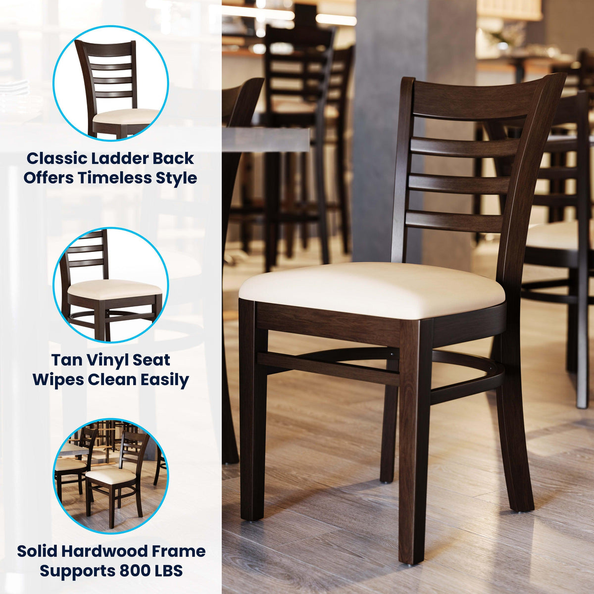 Tan Vinyl Seat/Walnut Wood Frame |#| Commercial Ladder Back Walnut Wood Restaurant Chair - Tan Vinyl Seat