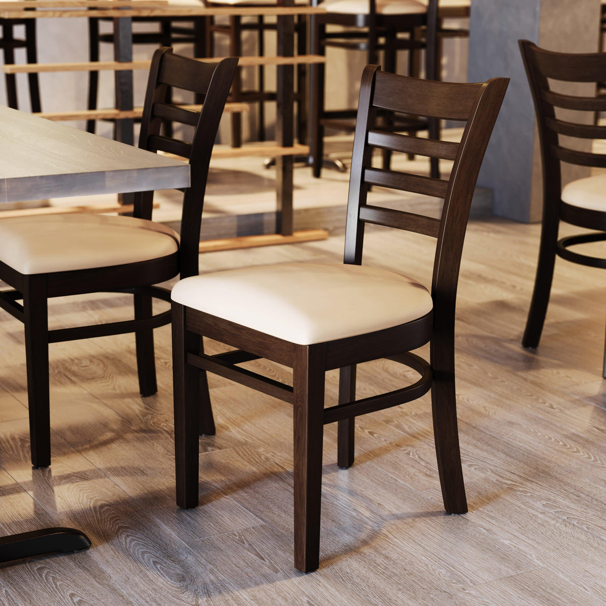 Tan Vinyl Seat/Walnut Wood Frame |#| Commercial Ladder Back Walnut Wood Restaurant Chair - Tan Vinyl Seat