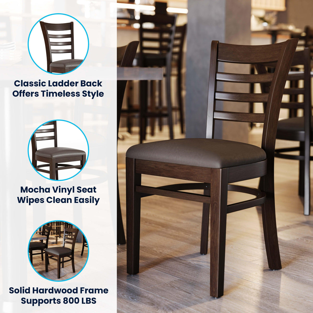 Mocha Vinyl Seat/Walnut Wood Frame |#| Commercial Ladder Back Walnut Wood Restaurant Chair - Mocha Vinyl Seat