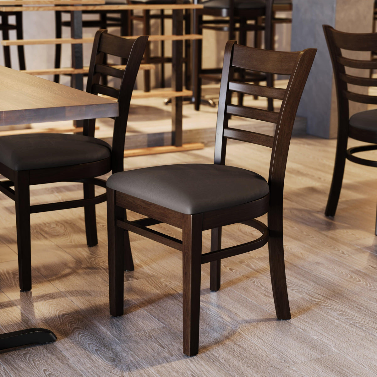 Mocha Vinyl Seat/Walnut Wood Frame |#| Commercial Ladder Back Walnut Wood Restaurant Chair - Mocha Vinyl Seat