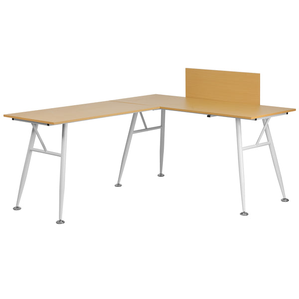 Beech |#| Beech Laminate L-Shape Computer Desk with Privacy Board & White Metal Frame