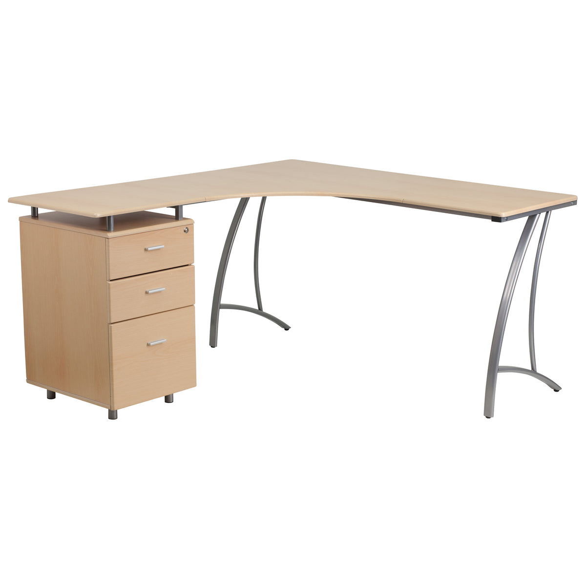 Beech |#| Beech Laminate L-Shape Desk with Three Drawer Pedestal and Locking Drawers