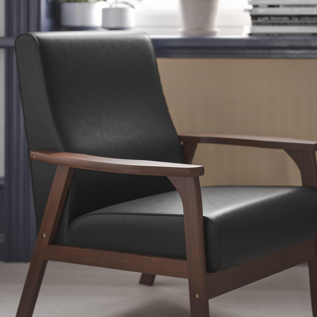 Black LeatherSoft |#| Mid-Century Modern Black LeatherSoft Arm Chair with Wooden Frame and Arms