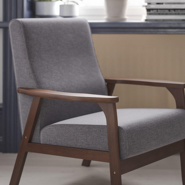 Dark Gray Faux Linen |#| Mid-Century Modern Gray Faux Linen Arm Chair with Wooden Frame and Arms