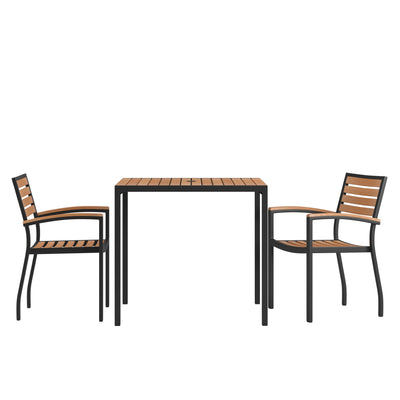 Lark 3 Piece Outdoor Dining Table Set - Synthetic Teak Poly Slats - Lark 3Lark 5" Square Steel Framed Table with Umbrella Hole - 2 Club Chairs - View 1
