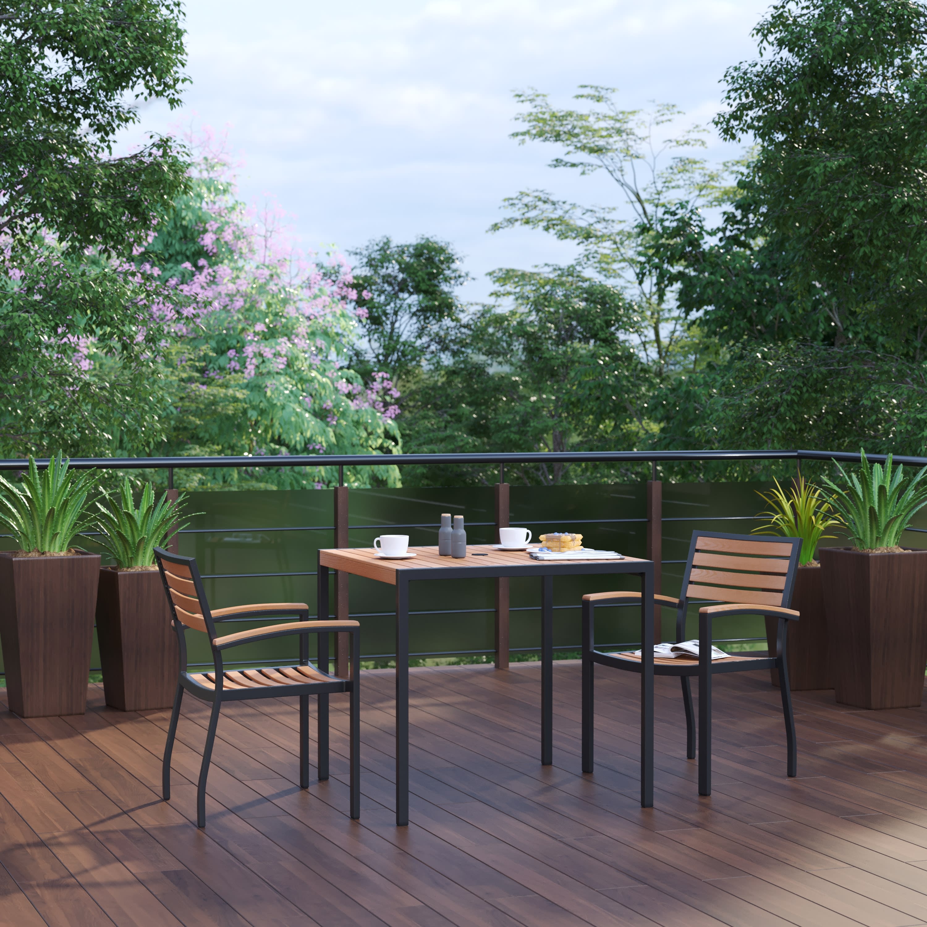 Teak table with black chairs on sale
