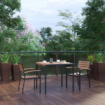 Lark 3 Piece Outdoor Dining Table Set - Synthetic Teak Poly Slats - Lark 3Lark 5" Square Steel Framed Table with Umbrella Hole - 2 Club Chairs - View 2