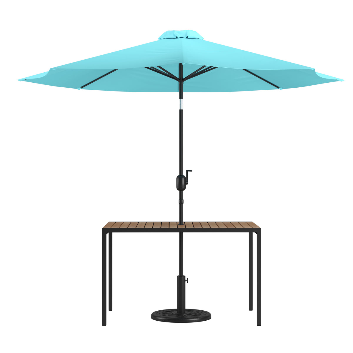 Teal |#| Black Steel Framed 30" x 48" Faux Teak Patio Table-Teal 9FT Patio Umbrella-Base
