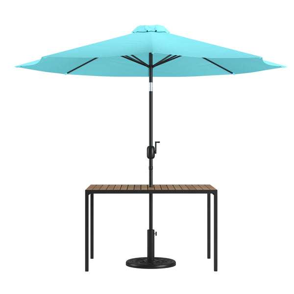 Teal |#| Black Steel Framed 30" x 48" Faux Teak Patio Table-Teal 9FT Patio Umbrella-Base
