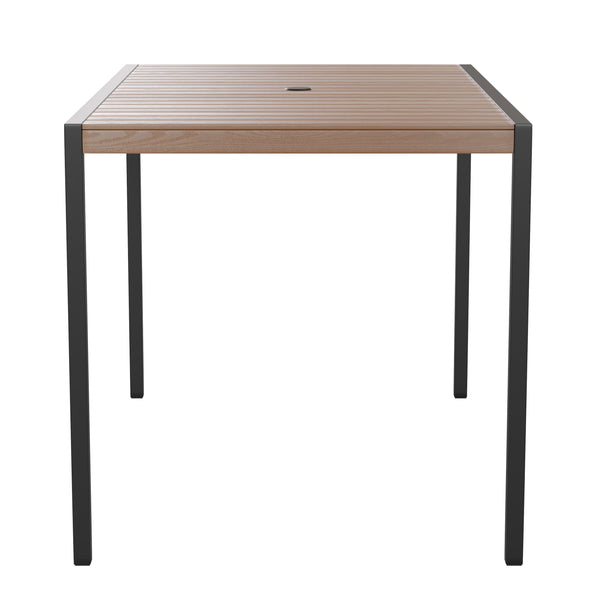 Teal |#| Black Steel Framed 30" x 48" Faux Teak Patio Table-Teal 9FT Patio Umbrella-Base