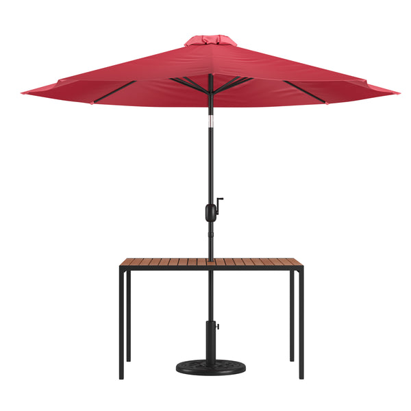 Red |#| Black Steel Framed 30" x 48" Faux Teak Patio Table-Red 9FT Patio Umbrella-Base