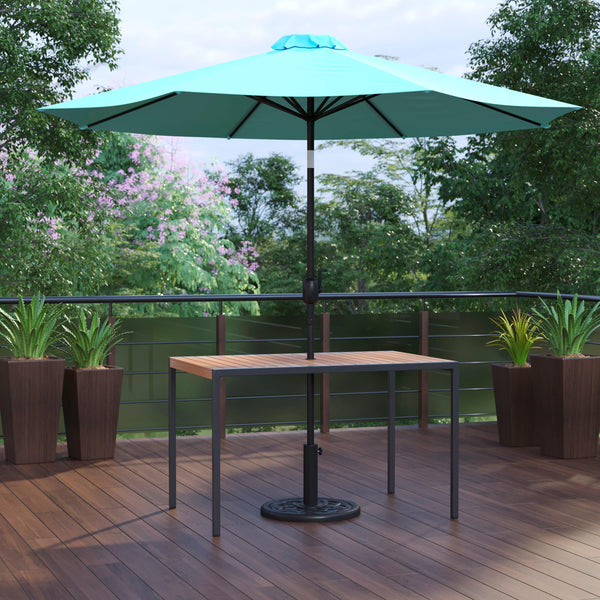Teal |#| Black Steel Framed 30" x 48" Faux Teak Patio Table-Teal 9FT Patio Umbrella-Base