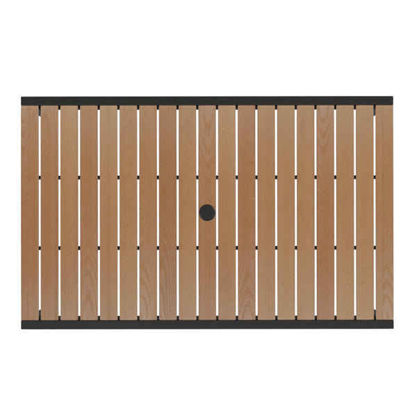 Red |#| Black Steel Framed 30" x 48" Faux Teak Patio Table-Red 9FT Patio Umbrella-Base