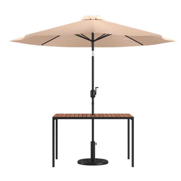 Tan |#| Black Steel Framed 30" x 48" Faux Teak Patio Table-Tan 9FT Patio Umbrella-Base