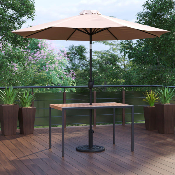Tan |#| Black Steel Framed 30" x 48" Faux Teak Patio Table-Tan 9FT Patio Umbrella-Base