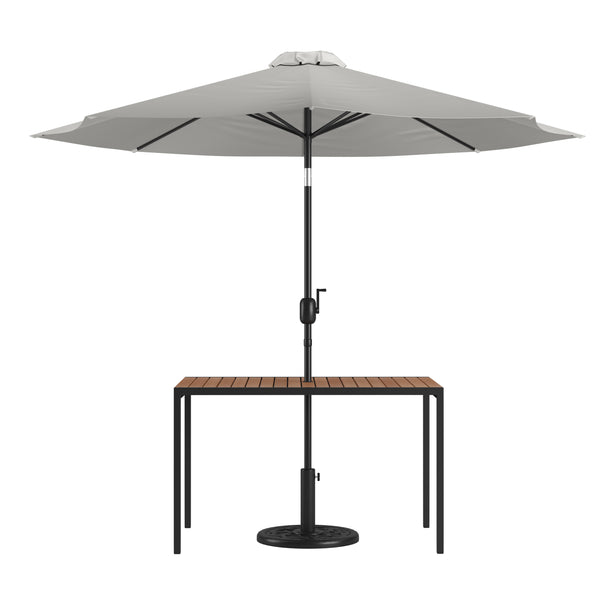 Gray |#| Black Steel Framed 30" x 48" Faux Teak Patio Table-Gray 9FT Patio Umbrella-Base