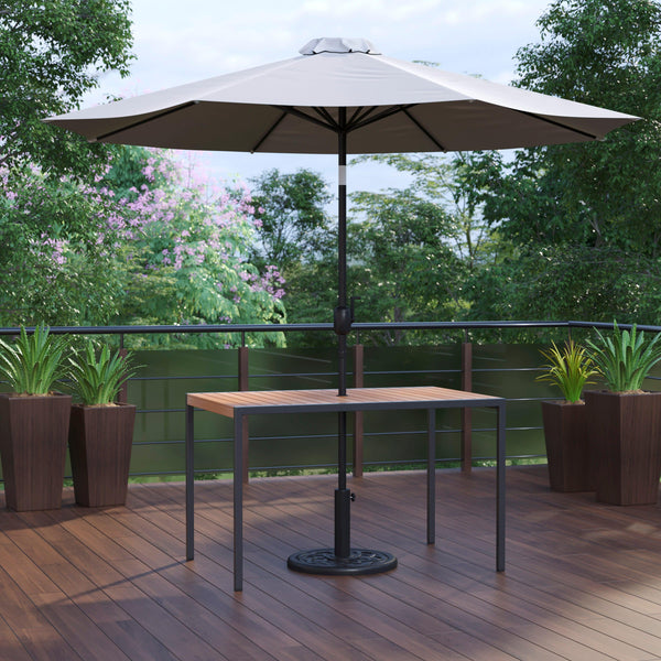 Gray |#| Black Steel Framed 30" x 48" Faux Teak Patio Table-Gray 9FT Patio Umbrella-Base