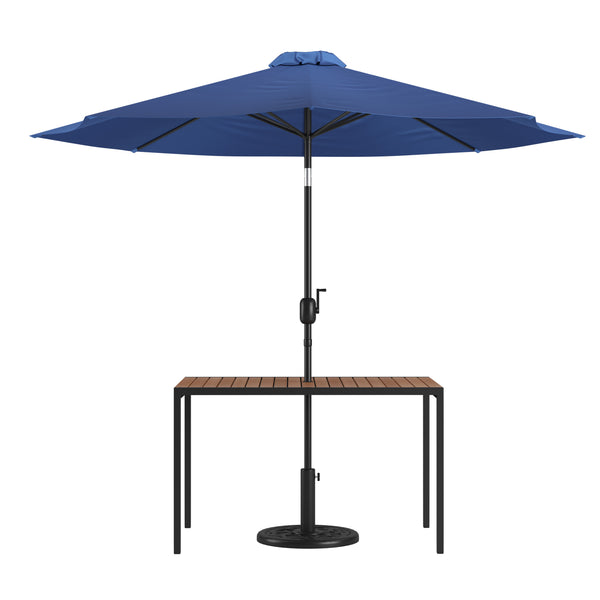 Navy |#| Black Steel Framed 30" x 48" Faux Teak Patio Table-Navy 9FT Patio Umbrella-Base