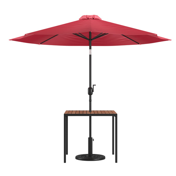 Red |#| Black Steel Framed 35" Square Faux Teak Patio Table-Red 9FT Patio Umbrella-Base