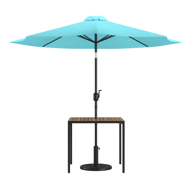 Teal |#| Black Steel Framed 35" Square Faux Teak Patio Table-Tan 9FT Patio Umbrella-Base