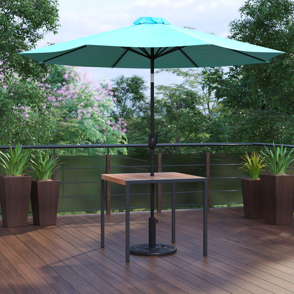 Teal |#| Black Steel Framed 35" Square Faux Teak Patio Table-Tan 9FT Patio Umbrella-Base