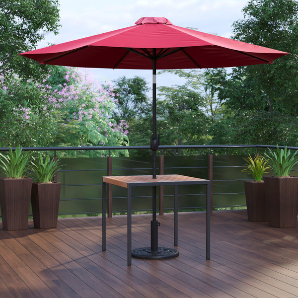 Red |#| Black Steel Framed 35" Square Faux Teak Patio Table-Red 9FT Patio Umbrella-Base
